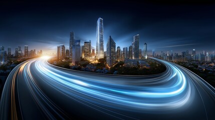 Fototapeta premium Aerial view of futuristic city with glowing light stream through skyscrapers at night symbolizing smart development, digital motion and tech expansion, Generative AI