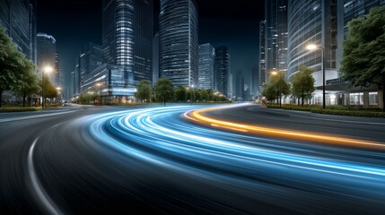 Naklejka premium Curved city road with glowing light trails at night in modern skyline showing urban speed, futuristic energy and night traffic flow, Generative AI