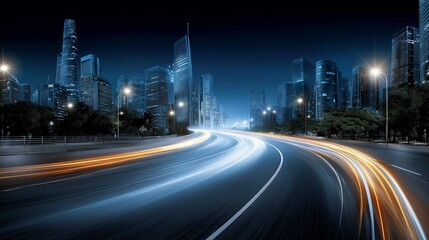 Futuristic city skyline at night with glowing light trails showing urban movement, city speed and smart infrastructure design, Generative AI