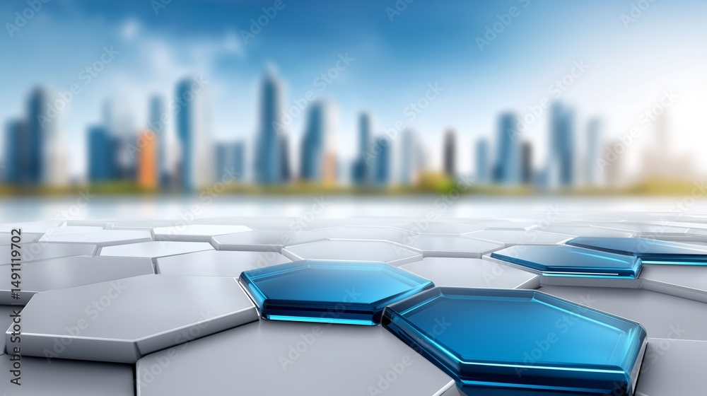 Leinwandbilder Blue hexagonal surface in front of a smart city skyline representing futuristic urban planning, clean tech and modern architectural concepts, Generative AI