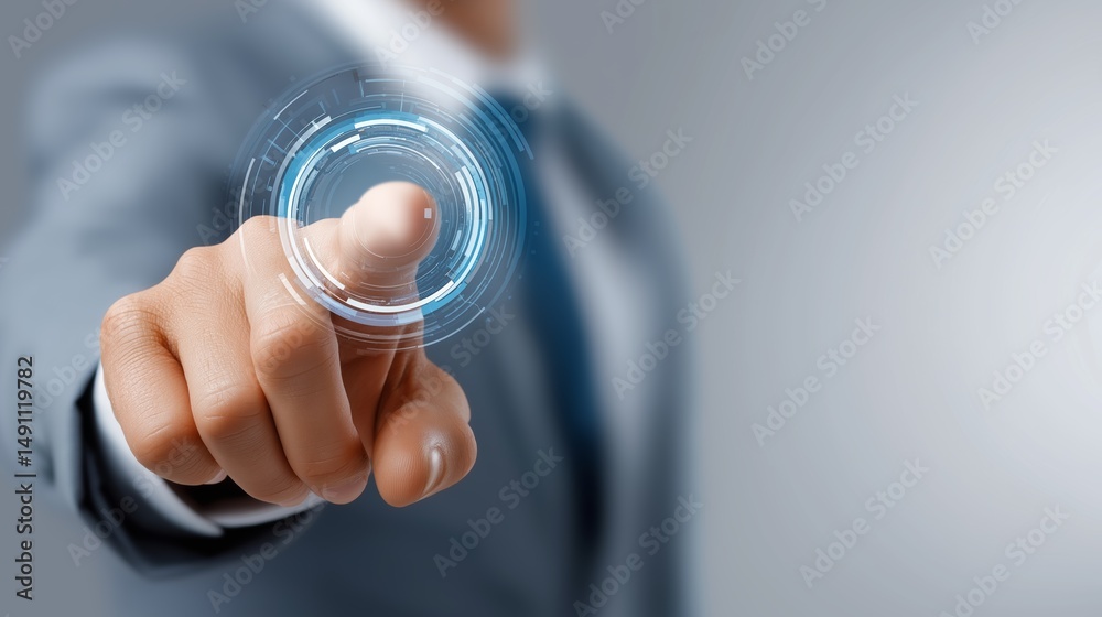 Leinwandbilder Businessman pressing a futuristic digital button with finger highlighting interface technology, smart control and virtual interaction, Generative AI