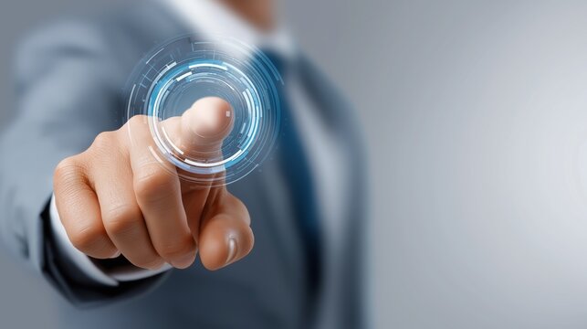 Businessman pressing a futuristic digital button with finger highlighting interface technology, smart control and virtual interaction, Generative AI