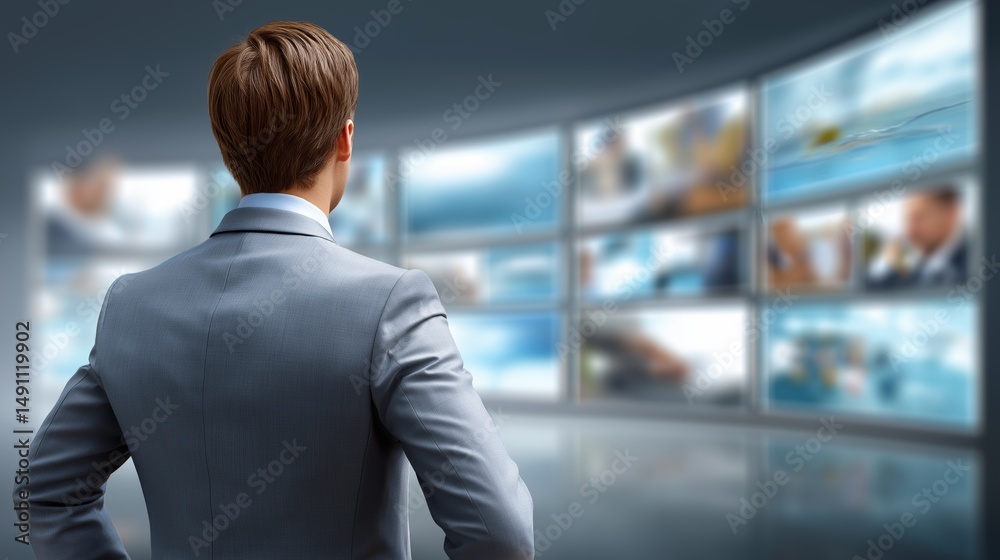Poster businessman observing multiple digital screens on a curved video wall symbolizing strategic decision
