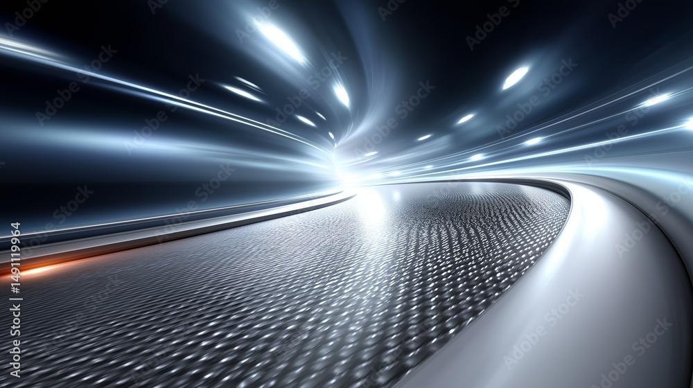 Poster Futuristic illuminated tunnel with high-speed light trails representing digital motion, fast communication and abstract data infrastructure, Generative AI