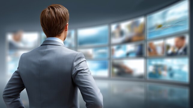 Businessman observing multiple digital screens on a curved video wall symbolizing strategic decisions, technology monitoring and information flow, Generative AI - Powered by Adobe