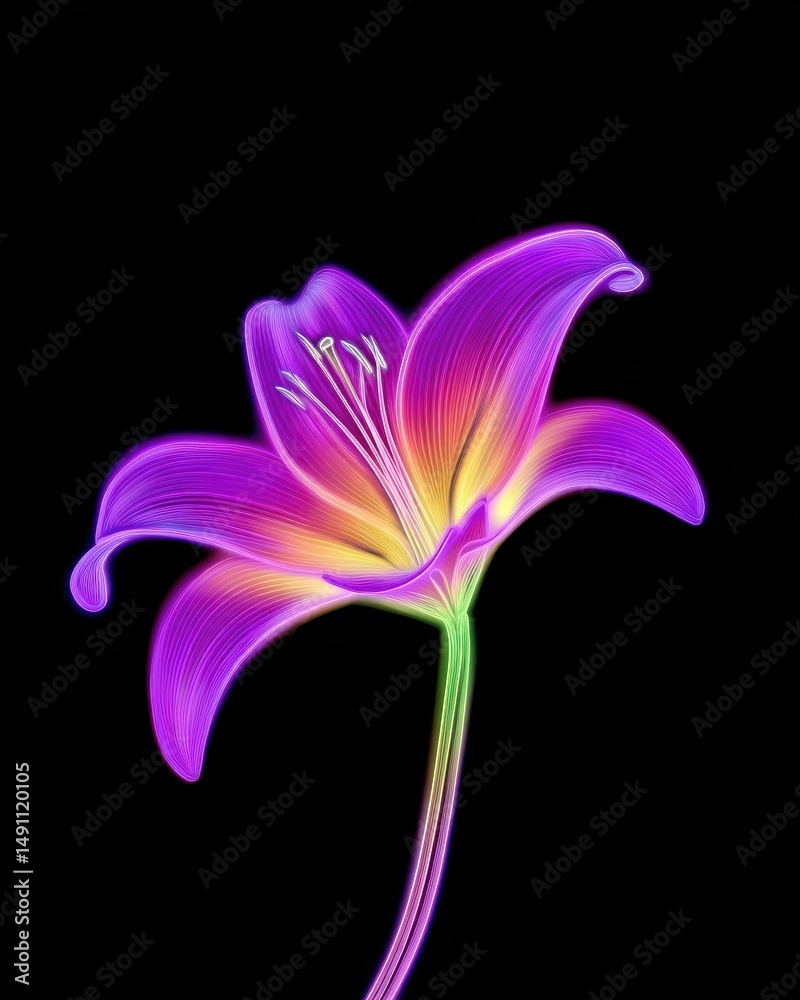 Poster neon lily bloom with vibrant colors and delicate stem on white background
