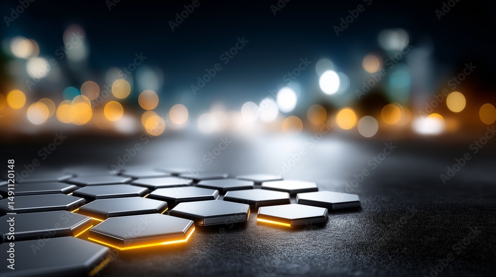 Poster night city scene with glowing hexagonal pavement elements representing modern urban technology, desi