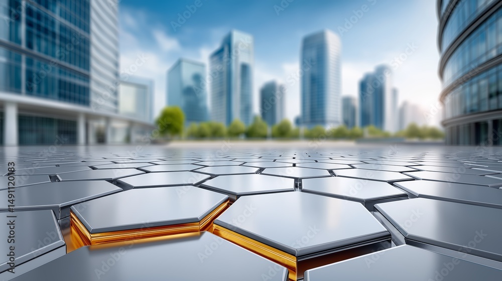 Aufkleber modern cityscape with digital hexagonal surface in foreground representing urban innovation, smart a