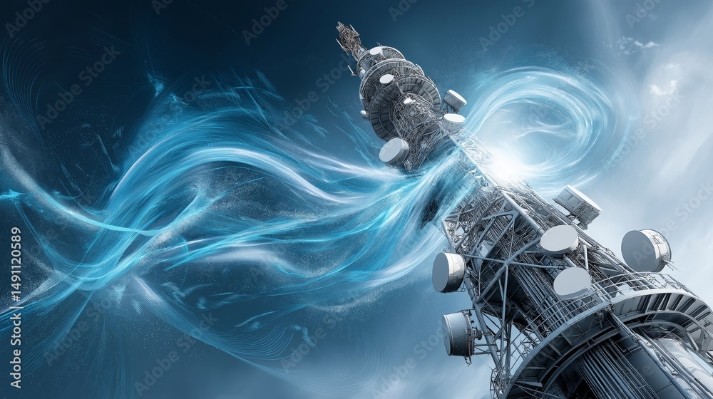 Poster Futuristic telecom tower with flowing blue light waves representing high-speed wireless connectivity and mobile signal transmission, Generative AI