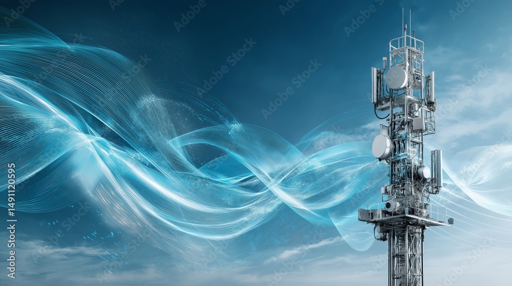 Poster futuristic telecom tower with flowing blue light waves representing high-speed wireless connectivity