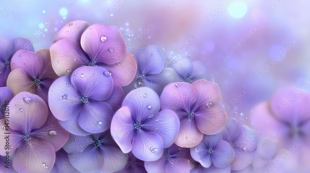 Poster Beautiful Seamless Pattern of Hydrangea Flowers in Soft Colors With Sparkling Raindrops