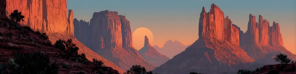 Red Rocks at Sunset: Dramatic sunset casting warm hues on towering red rock formations, creating a majestic and awe-inspiring landscape.