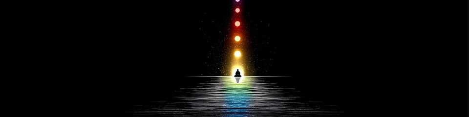 Illuminated Path: A solitary figure embarks on a journey along a vibrant, radiant path of light, vanishing into the darkness. a visual representation of journey and mystery