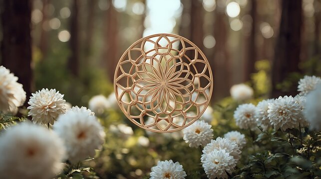 A geometric wooden disc in a symmetrical pine forest, white chrysanthemums glowing in the bokeh distance