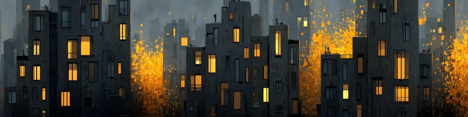 Urban Symphony at Dusk: A panoramic cityscape comes alive as twilight descends, a vibrant panorama of illuminated windows punctuating the silhouette of buildings.