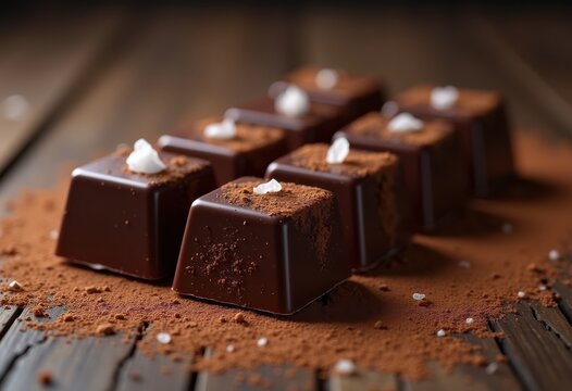 rich dark chocolate squares rustic wooden background culinary presentation texture, dessert, treats, ingredient, confectionery, natural, baking, ganache