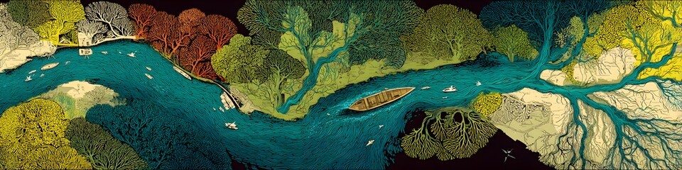 Riverside Scenic Serenity: An elevated, artistic view unfolds a serene landscape of a river meandering through verdant trees, with small boats traversing the tranquil waters.