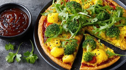 Unique Pizza Topped With Fresh Greens and Pineapple Served at a Modern Eatery