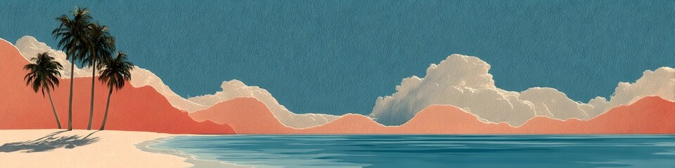 Tropical Beach Landscape: Serene tropical beach scene with palm trees, coral-colored hills, and calm ocean. This illustration evokes feelings of tranquility and escape.