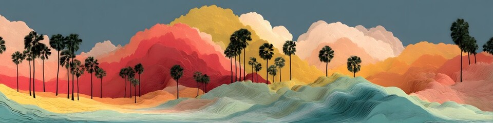 Dreamy Landscape:  A surreal and vibrant landscape with abstract mountains in various shades of pink, yellow, blue, green, and red, creates a dreamlike,  enchanting scene.