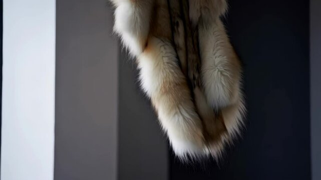 Close-up of a flowing luxurious brown and white fur stole or wrap hanging against white and dark gray walls providing visual texture and material detail.