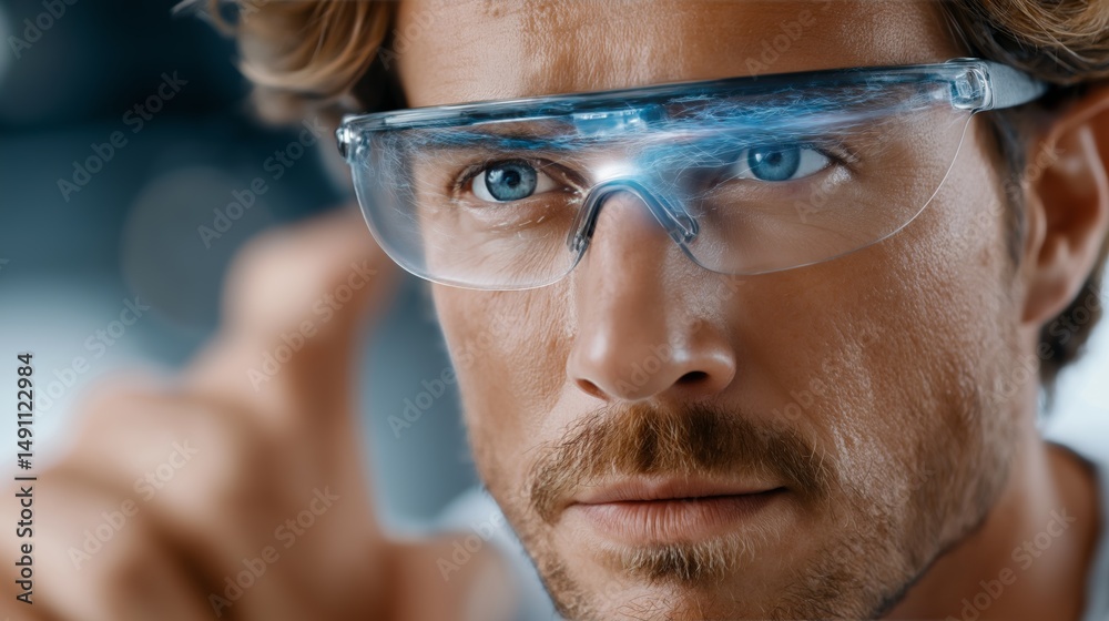 Fototapete Man concentrating through augmented reality smart glasses with digital interface for futuristic immersive control and data display, Generative AI