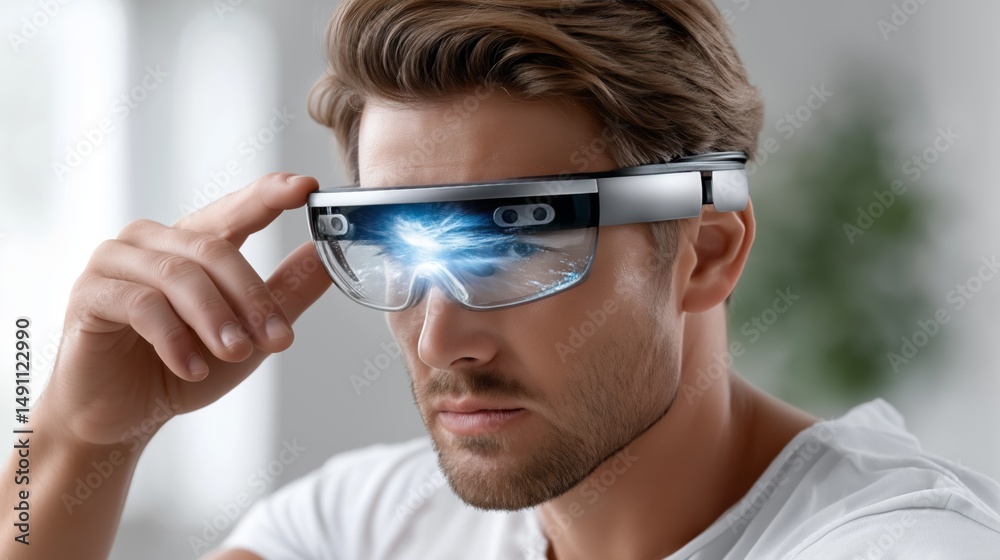 Fototapete Man concentrating through augmented reality smart glasses with digital interface for futuristic immersive control and data display, Generative AI