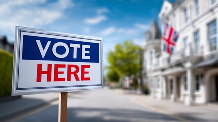 British street with prominent Vote Here sign and Union Jack flag promoting civic engagement in national democratic elections, Generative AI