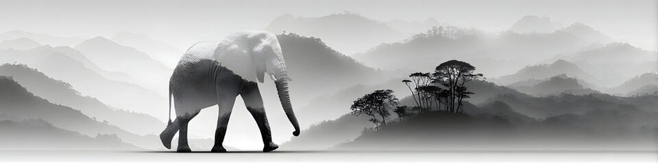 Elephant Journey Amidst the Peaks: A surreal scene unfolds as an elephant's form merges seamlessly with the ethereal backdrop of mountain, artfully captured in monochrome elegance.