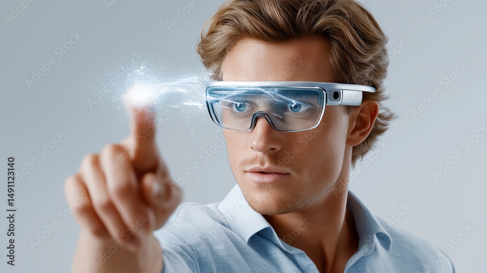Poster Man using augmented reality smart glasses pointing at glowing holographic interface with digital connection and futuristic display, Generative AI