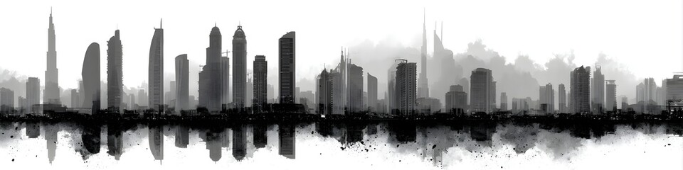 Cityscape Serenity: A captivating monochrome depiction of an urban skyline mirrors gracefully in the tranquil waters below, evoking a sense of calm and architectural beauty. 