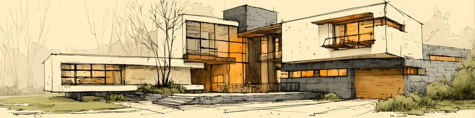 Contemporary Abode: A stylized architectural rendering presents a sleek, modern home, showcasing clean lines, expansive windows, and a harmonious integration with its environment.