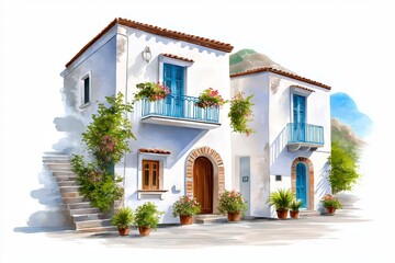 Fototapeta premium Traditional Greek Mediterranean house with blue shutters, floral balcony and sunlit white facade in charming coastal style, Generative AI