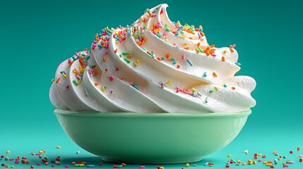 A glossy vanilla ice cream cup with delicate swirls, topped with rainbow sprinkles, placed on a smooth mint-green background