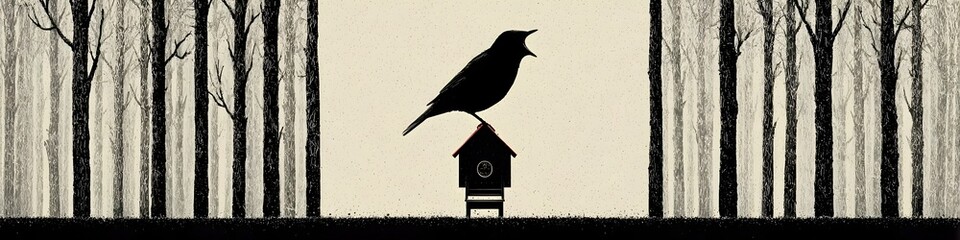 Bird on Birdhouse in Woods: A solitary bird perches atop a small birdhouse nestled amidst a stand of slender, dark trees. The monochromatic palette creates a mood of quiet contemplation. 
