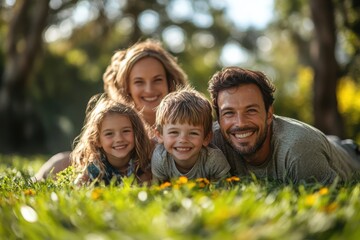Joyful family bonding outdoors with laughter and sunshine on a vibrant green lawn