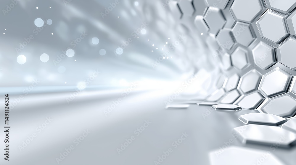 Aufkleber futuristic white hexagonal wall with glowing digital surface and soft light rays in modern abstract 