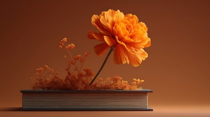 A golden marigold sprouting from the spine of a hardcover book