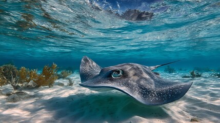 Exploring the underwater world: a close up of a stingray swimming in the ocean wildlife photography