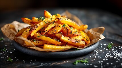 A gourmet-style paper pouch with truffle-oil-drizzled fries, resting on a smooth charcoal-gray ceramic plate, soft focus background