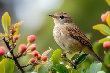 Charming bird perched among blooming leaves and berries in a peaceful garden setting
