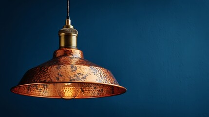 A hammered copper pendant lamp with a rustic finish, hanging against a deep navy background with open copyspace.
