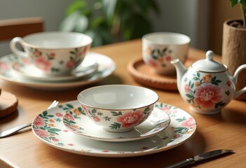 stylish melamine dinnerware set displayed beautiful natural wood surface elegant table setting, design, tableware, ceramics, plates, cups, bowls