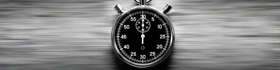 Stopwatch Countdown: A classic stopwatch with a black face and silver casing counts down against a blurred gray background, symbolizing time management, urgency, and competition.