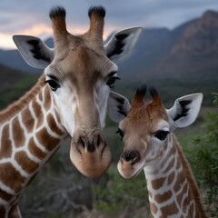 Obraz premium Two giraffes, adult and calf, close-up