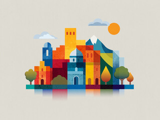 Colorful cityscape illustration with abstract geometric buildings and nature. Stylized architecture, trees, mountains in a panoramic layout. Flat modern design. Travel, tourism, city branding poster
