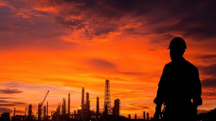 Fototapeta premium Worker Silhouette Against Industrial Plant at Sunset Horizon