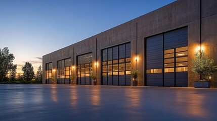 Obraz premium Modern building with garage doors, smooth concrete, small trees, and warm lighting at dusk.