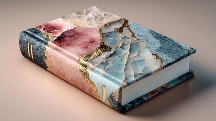 A hardcover book lying flat on a smooth marble surface, abstract geometric textures printed on its cover, muted pastel color palette, soft shadows, ample copy space