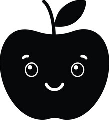 Kawaii Apple Silhouette with Cute Face and Leaf, Black Vector Icon on White Background